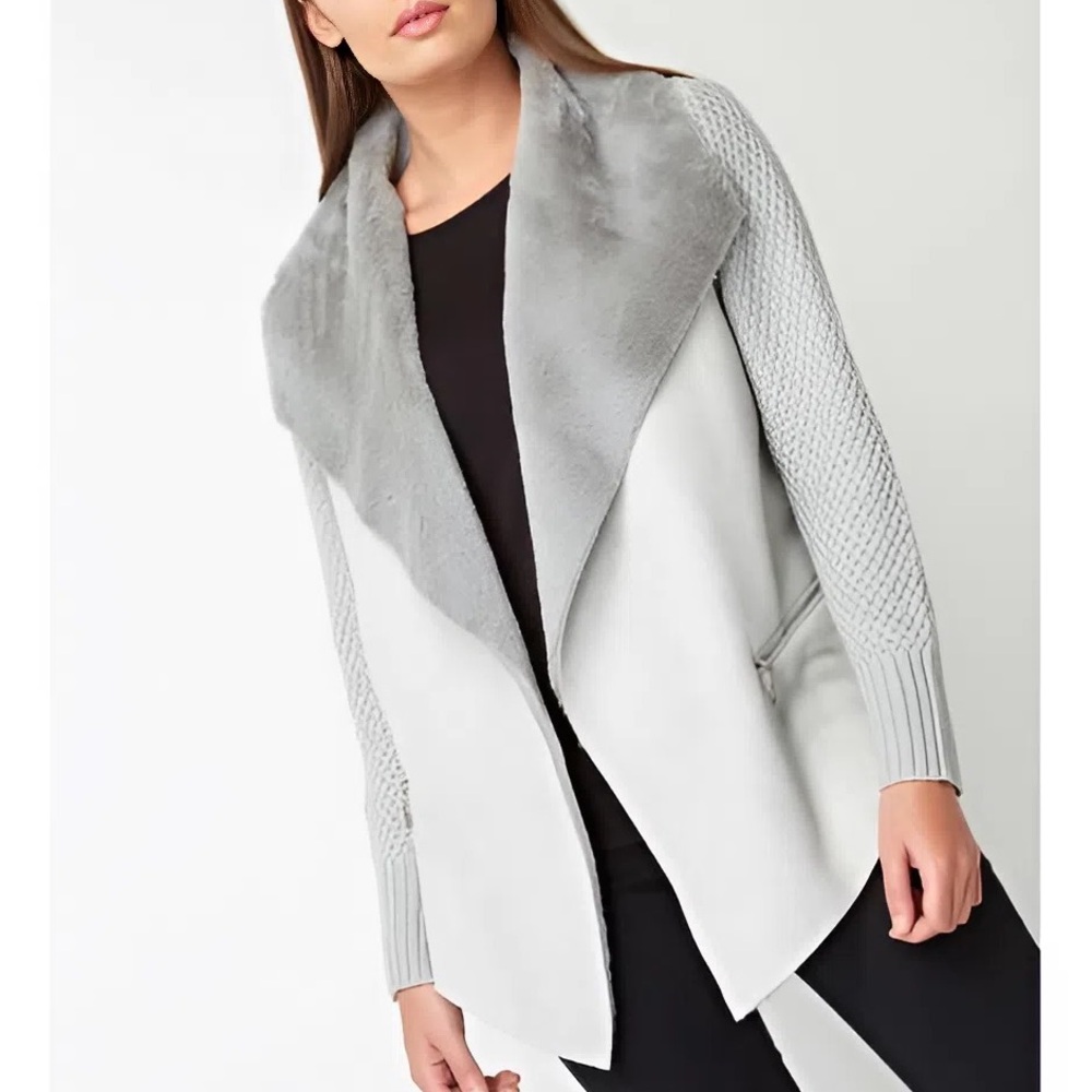 ON 12TH Luxe Sherpa Suede Gray Chunky Knit Sweater Jacket with Pockets SMALL - Picture 1 of 10